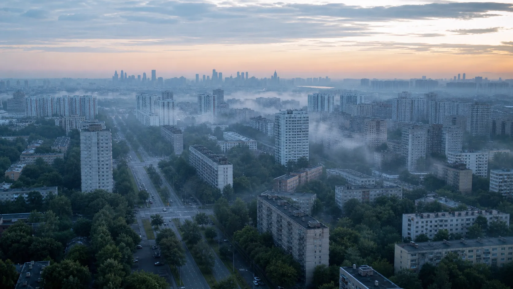 Панорама северной части Москвы с высоты на рассвете